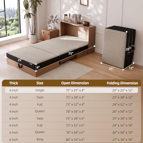 Image of ROXGOX Memory Foam Trifold Mattress, Single Portable Floor Bed 4 Inch, Foldable Mat with Washable Cover, Handle & Non-Slip Bottom, for RV, Travel, Camping, Yoga, 75 inchx25 inchx4 inch, Grey