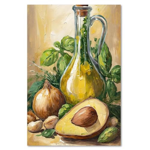 Pintura al óleo texturizada de bodegón de albahaca y aceite de oliva para comedor 40x60