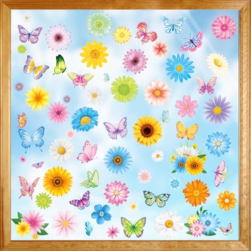 DPKOW 9 pièces Autocollants Fenêtre Fleuris Décorations de Printemps Stickers Fenetre Papillons Fleuris Décorations de Pâques pour la Maison,...