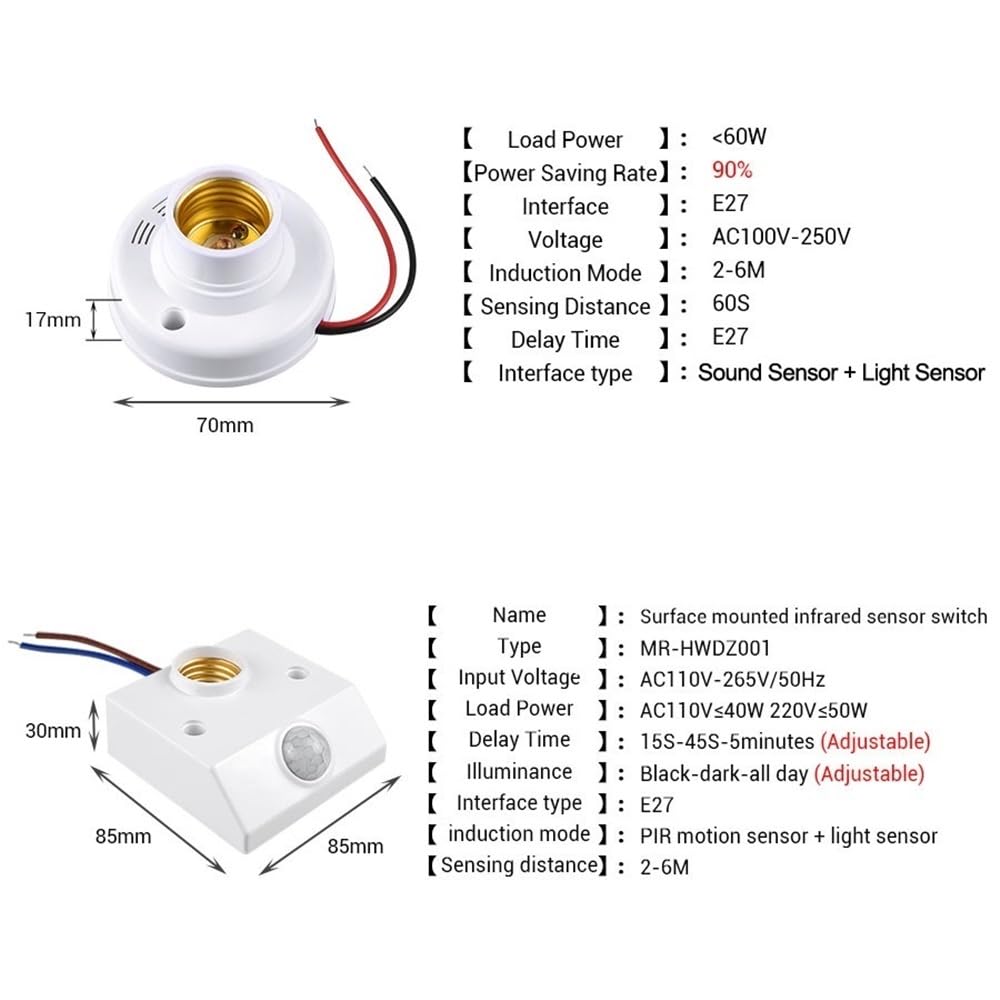 Iluminación KJXP, Paquete de 5, interruptor de luz de sonido LED, interruptor de Sensor de movimiento PIR E27 AC220V, soporte de lámpara de encendido/apagado automático, Detector de Sensor de techo