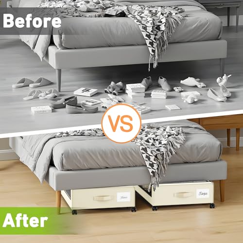 Image of YAASHEEN Under Bed Storage with Wheels, Under the Bed Storage Containers with Clear Lids & Label, Underbed Storage Bins, XXL 60L Rolling Metal Drawer for Clothes, Shoes, Toys, Books (4-Pack Beige)