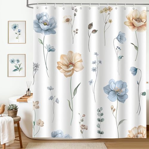 hometrixx Frühling Bunt Blumen Duschvorhang 180 x 200 cm Blau Beige Blumenmuster Aquarell Badevorhänge Polyester Badezimmervorhang für Dusche Bad Wasserdicht Maschinenwaschbar mit 12 Ringe
