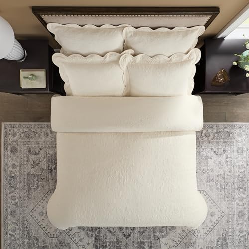 Charleston Estate Modern Farmhouse Floral Matelasse Bedspread with Scalloped Edges, 100% Cotton Breathable Bedding, Full/Queen, Ivory Floral