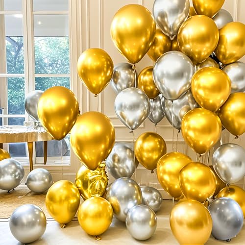 Image of Firomi Metallic Chrome Gold Balloons 12-inch 100 Pack (with 3 Ribbons) | Thicken Shiny Helium Big Round Gold Latex Balloon for Wedding Birthday Party