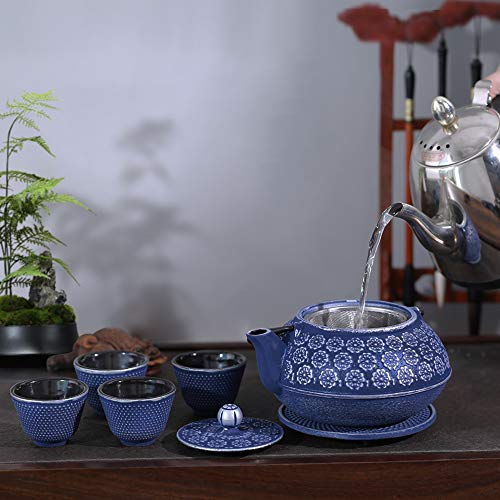 Image of Ufine Blue Floral Cast Iron Japanese Style Teapot Set Tetsubin Tea Brewing Kettle with 4 Cups, Stainless Steel Infuser for Stove Top - 26 oz