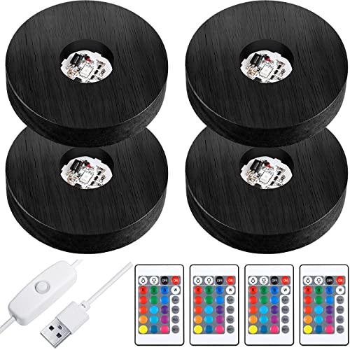 Riakrum 4 Pieces Wood LED Display Light Base Crystal Display Base Stand Remote Control Round...