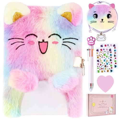 Cat Diary with Lock, Gift for 6 7 8 Year Old Girl, Secret Diary Journal Notebook with Coin Purse, Multicolored Pen, Post-it Notes, Stickers, Practical Gift for Birthday, Christmas (B Cute Cat)