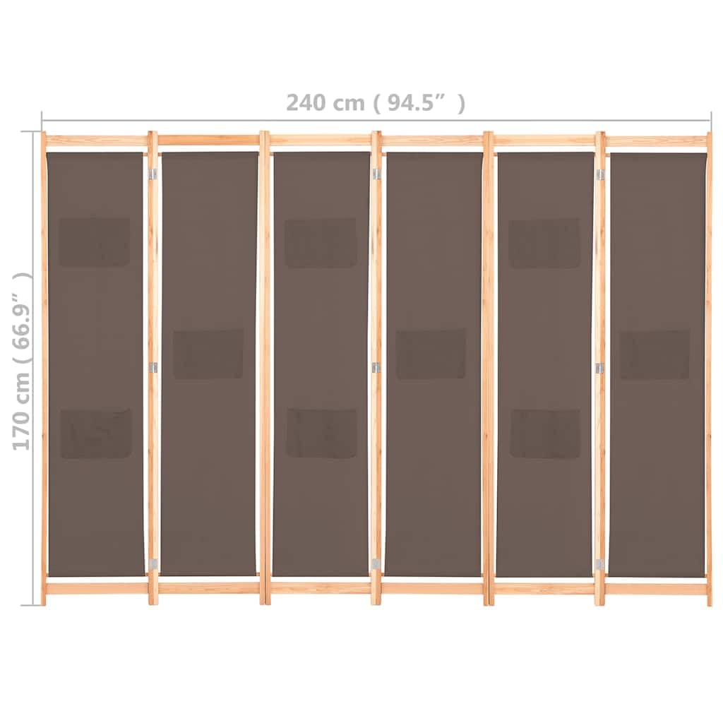 vidaXL Cloison de séparation 6 Panneaux Marron 240 x 170 x 4 cm Tissu