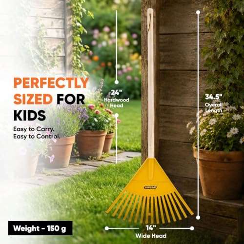 Image of Pack of 12 Kids Rake with Hardwood Handle, Durable Plastic Head to Sweep Leaves in Lawn and Tidying Up The Garden, 34 inch (Yellow)