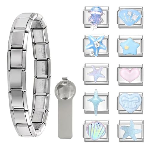 Loozykit Italian Charm Bracelet Sets with 1Pcs Start Bracelet,10Pcs Module Charms and Opening Tool DIY Removable Charms Stainless Steel Links Jewelry Gifts,Azure Reefheart