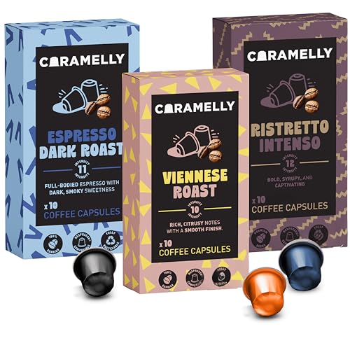 Image of Caramelly Dark Roast Selection Pack Nespresso Compatible Coffee Pods, 30 Non-Flavoured Aluminium Coffee Capsules | Viennese Roast, Espresso Dark Roast & Ristretto Intenso | AAA Premium Beans