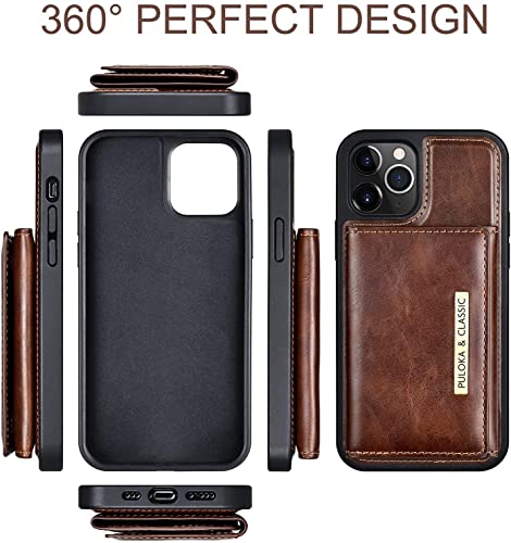Image of PULOKA for iPhone 12 Pro Max Wallet Back Case - Vegan Leather - Detachable Card Holder Case with Kickstand - Shockproof & Anti Scratch Phone Cover- Raised Edges for 360 Mobile Protection - Brown