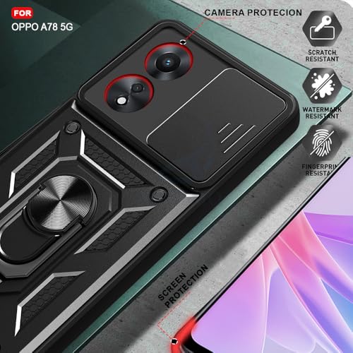 Image of AESTMO Tough Armor Oppo A78 5G Bumper Back Case Cover | Ring Holder & Sliding Camera Shield Cover | 360 Degree Protection Back Case Cover for Oppo A78 5G (Black)