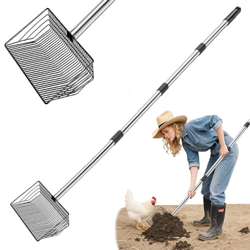 Image of 10 Inch Large Metal Chicken Poop Scooper, Detachable Tool 60 inch Long Metal Chicken Coop Poop Litter Scoop with Stainless Steel Handle, 4 in 1 Multifunctional Chicken Coop Accessories Litter Scooper