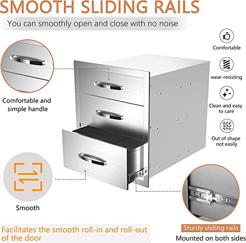 Image of 14''W x 21''H x 23''D Outdoor Kitchen Triple Access Drawers Stainless Steel, Flush Mount BBQ with Handles BBQ Island for Outdoor Kitchens or Patio Grill Station