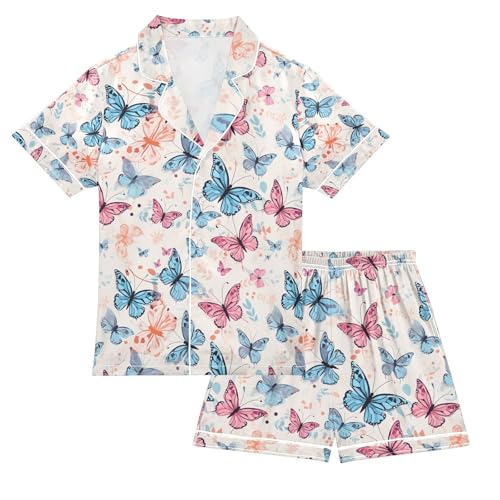 senya Many Butterflies Satin Summer Pajama Sets Silk Short Sleeve Button Down Sleepwear
