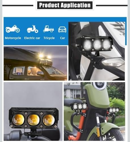 Image of 3 Lens LED Auxiliary Fog Light Amber Yellow | Waterproof Driving Lamp for Motorcycle & Scooter | Universal Fit 12V | Wide Beam Visibility | With Mounting Bracket