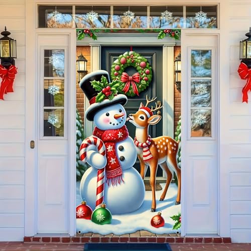 Image of BlissYard Christmas Door Cover 71x35 Inch Snowman and Reindeer Door Banner, Merry Christmas Door Decoration for Front Door, Indoor Outdoor Holiday Backdrop, Winter Xmas Party Door Hanging