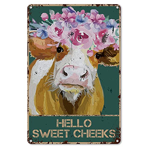 Funny Bathroom Quote Metal Tin Sign Wall Decor - Vintage Hello Sweet Cheeks Cow with Flowers Tin Sign for Toilet Bathroom WC Washroom Decor Gifts - Best Farmhouse Decor Gift 8x12 Inch (wine)