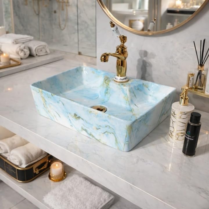 Image of Ceramic Tabletop Wash Basin - Glossy Rectangular Countertop Vessel Sink with Marble Finish for Bathroom & Vanity | Compact 16 x 13 x 5 Inch | Elegant Washbasin