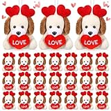 Gejoy 24 Pcs Valentines Day Gifts for Kids Mini Valentines Stuffed Animal Small Plush Keychain with Love Heart Classroom Party Favors(Dog)
