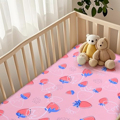 Image of Baby Fitted Crib Sheet Soft Microfiber 52 inch x 28 inch Crib Mattress Sheet for Girls Breathable Baby Bedding with Strawberry Pattern Design Pink