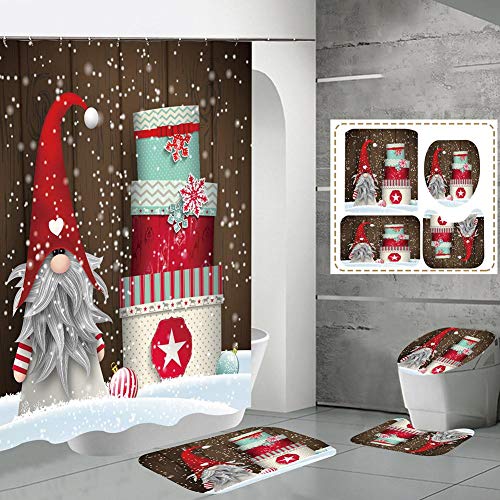 Juego de decoración de baño con diseño de Feliz Navidad, incluye cortina de ducha de Navidad, alfombras de baño, alfombrilla de contorno, cubierta para asiento de inodoro para decoración navideña Cover