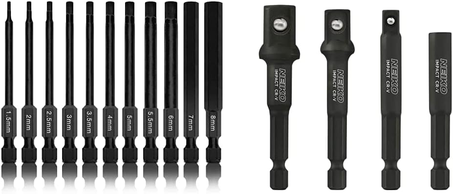 Neiko 01148A Hex Allen Power Bit Set, 11-Piece & 00244A Impact Socket Adapter and Magnetic Bit Holder Set | 4-Piece Set | 1/4-In Hex Shank with 1/4, 3/8, 1/2-In Drives | CR-V Holder