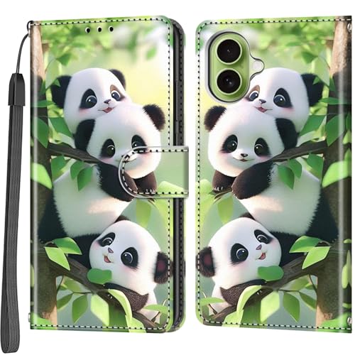 Étui portefeuille iPhone 17 en cuir premium, clapet magnétique et dragonne Panda