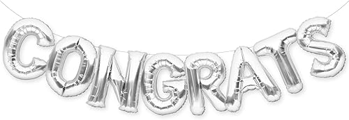 PartyForever Cartel de globo de felicitaciones de plata grande de 16 pulgadas para decoraciones y suministros de fiesta de graduación