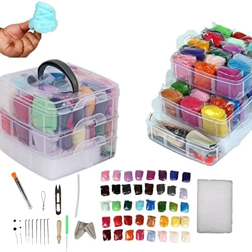 Needle Felting Starter Kit 40 Color Natural Wool Roving Fibre Spinning DIY Making Basic Projects Felt Beginner Sewing Craft Material Tool Supplies with Storage Box