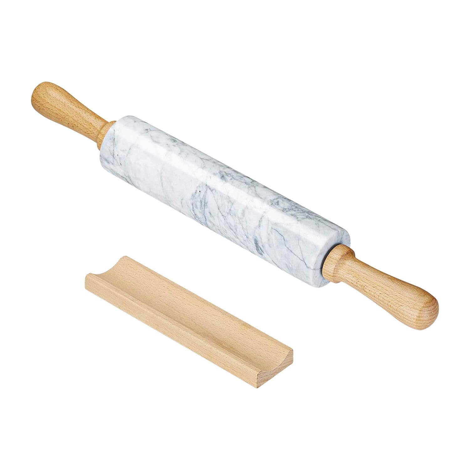 Intirilife Rodillo de mármol con soporte Blanco - 46.5 cm - Rodillo para masa, rodillo de pastelería, rodillo de pizza, de mármol natural para un fácil amasado, fácil de limpiar