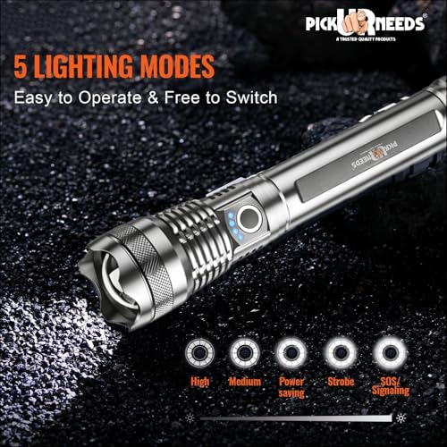 Image of Pick Ur Needs 150w High Power Rechargeable LED Flashlight Torch Zoomable Focus 5 Lighting Modes Type-C Fast Charging Long-Range Torch for Outdoor, Camping & Emergency (Silver)