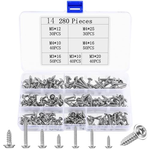 Set di 280 viti autofilettanti, in acciaio inox 304, viti autofilettanti, viti a testa piatta, viti a testa bombata per legno, viti a testa piatta