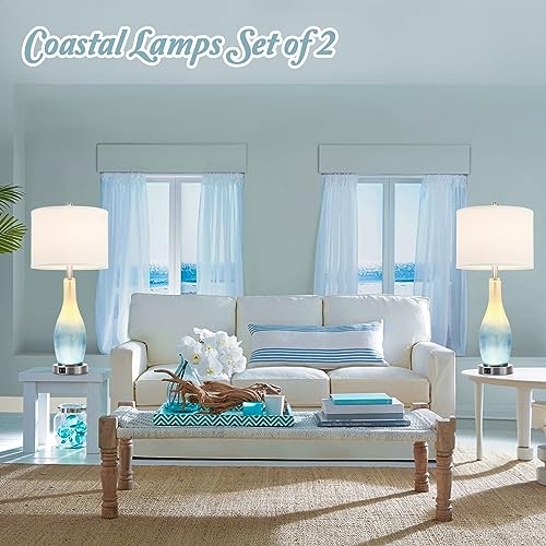 BesLowe 26in Tall Glass Table Lamps Set of 2 with 2 USB Charging Ports & LED Nightlight, Large Coastal Table Lamps for Living Room End Table, Modern Beach Lamps for Bedroom Bedside Nightstand, Blue - Image 7
