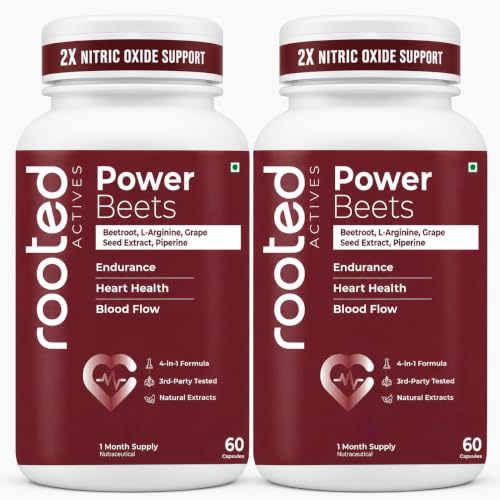 Image of Rooted Actives Power Beets Capsules - 10:1 Beet Root Extract with L-Arginine, Grape Seed Extract & Piperine | Nitric Oxide Booster, Heart & Circulation Support | 120 Count Vegan Capsules
