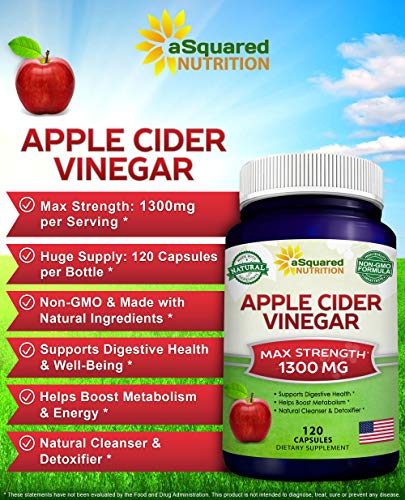 aSquared Nutrition Apple Cider Vinegar Supplement (120) - Extra Strength 1300mg - ACV Pills for Pure Weight Loss, Detox, Digestion & Immune Support - All Natural Apple Cider Cleanse & Immunity Booster
