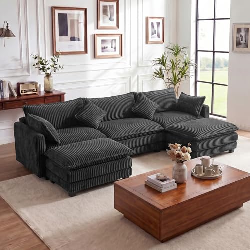 Image of Vesgantti 109 inch U Shaped Cloud Sectional Sofa, Comfy Corduroy Upholstered Sectional Modular Sofas for Living Room, Modern Modular Couch with 2 Ottoman Deep Seat, Dark Grey
