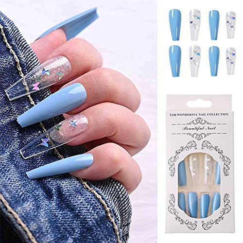 YUESUO 24Pcs Long Press on Nails Blue & Butterfly Fake Nails Coffin False Nails for Women Full Cover Acrylic False Nails with Glue Artificial False Nails with Designs for Women and Girls
