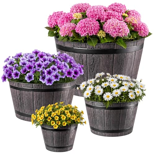 KADAX Lot de 4 – Ø23, 30, 40, 50 cm – Pots de Fleurs en Plastique Aspect Bois, pour Jardin (Marron)