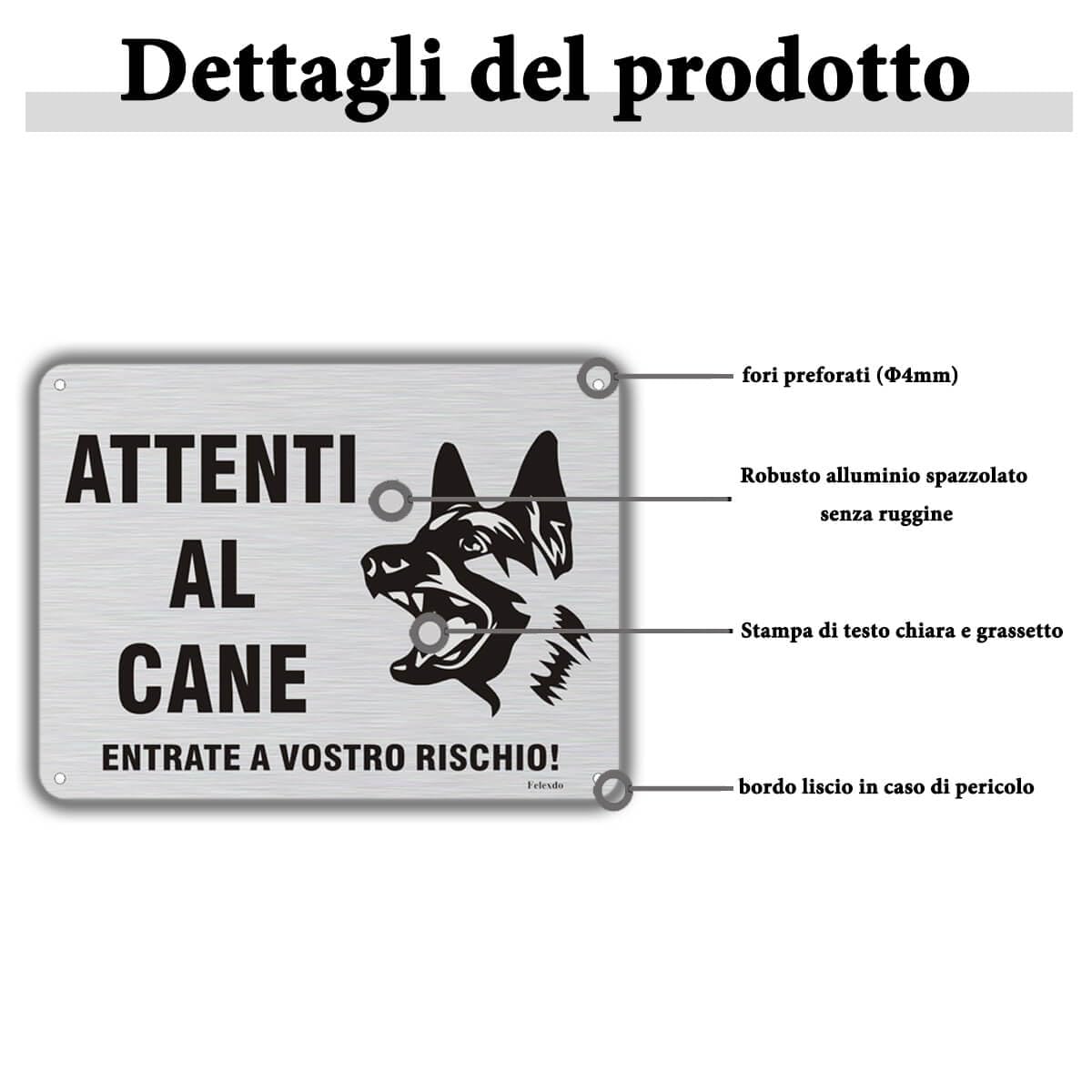 Attenti al Cane Cartello,20x15cm Targhetta Attenti al Cane con Autoadesivo Attenzione al Cane Cartelli in Alluminio Spazzolato Durevole Adatti per Uso Interno o Esterno