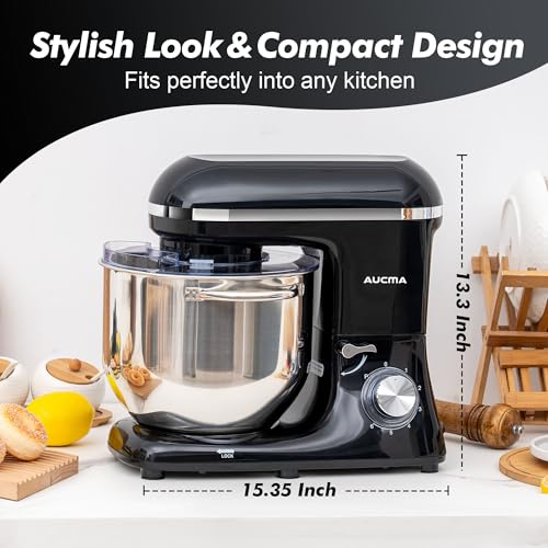 Image of Aucma Stand Mixer,8QT 900W 6-Speed Tilt-Head Food Mixer, Kitchen Electric Mixer with Dough Hook, Wire Whip & Beater (Black, 8QT)