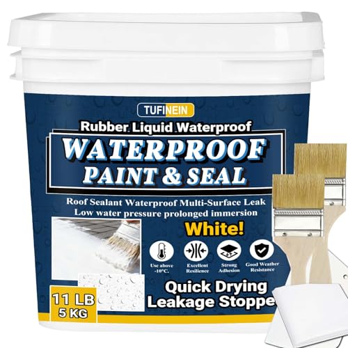 Image of Rubber Liquid Waterproof Sealant, TUFINEIN 11 LB /5 KG White Quick Drying Multi Surface Foundation Leak Repair - Roof Gutters Basement Sealer Waterproof - Indoor & Outdoor Flexible Rubber Paint