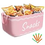 Snack Basket for Pantry & 5 Seal Clips - Snack Bin Organizer for Countertop - Imitation Linen Snack Storage Containers for Storing Chips, Pretzels, Cookies, Popcorn and more (1, Pink)