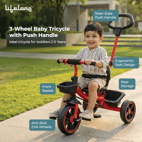 Image of Lifelong Trike Cycle for Kids 2-5 Years Boys & Girl - Baby Cycle - Bicycle for Kids - Bike with 3 EVA Wheels & Basket -Durable Tricycle with Parental Control 30kg Capacity Red & Black