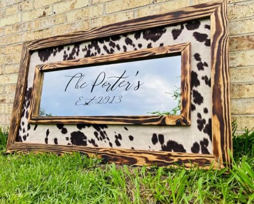 Framed Cowhide Mirror Personalized with Name/Western Mirror/Cowhide Decor Wedding Gift Farmhouse Decor