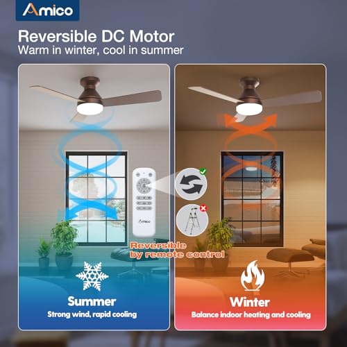 Image of Amico Ceiling Fans with Lights, 42 inch Low Profile Ceiling Fan with Light and Remote Control, Flush Mount, Reversible, 3CCT, Dimmable, Noiseless, Brown Ceiling Fan for Bedroom, Indoor /Outdoor Use
