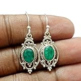 Solid 925 Sterling Silver Earrings For Women,Emerald Earrings, Silver Dangle Earrings, May Birthstone, Bezel Set Oval Green Gemstone Hypoallergenic Handmade Earrings, Christmas Gift