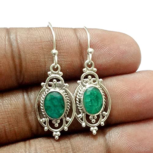 Solid 925 Sterling Silver Earrings For Women,Emerald Earrings, Silver Dangle Earrings, May Birthstone, Bezel Set Oval Green Gemstone Hypoallergenic Handmade Earrings, Christmas Gift