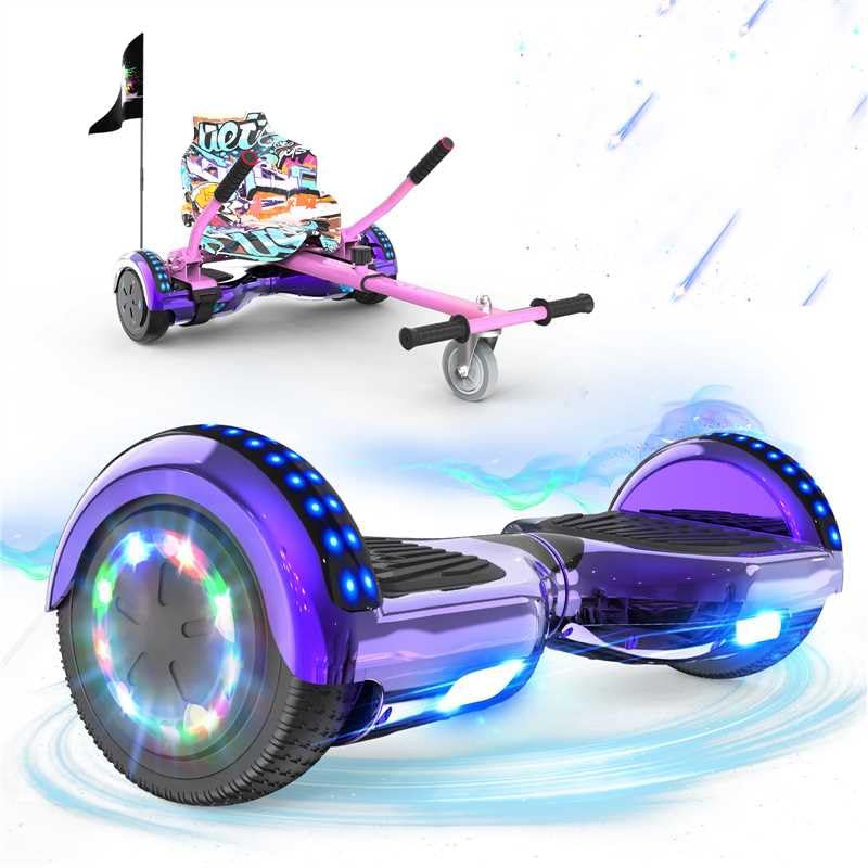 RCB Hoverboards mit Sitz Hoverkart komplett für Kinder, Skateboard mit Set, Hoverboards mit LED Lichtern und Bluetooth, Geschenk für Kinder (Lila + Rosa)